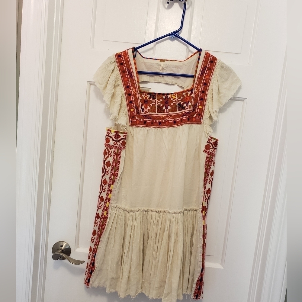 Free People Day Glow Mini Dress Frayed Embroidered Big Keyhole Back XSmall